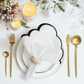 4 pc/pk Scalloped Edge Linen Napkin White/Black Trim with napkin ring, charger plate, and candles
