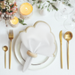 4 pc/pk Scalloped Edge Linen Napkin White/Natural Trim with napkin ring, charger plate, and candles
