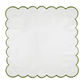 4 pc/pk Scalloped Edge Linen Napkin - White/Olive Green Trim laid flat