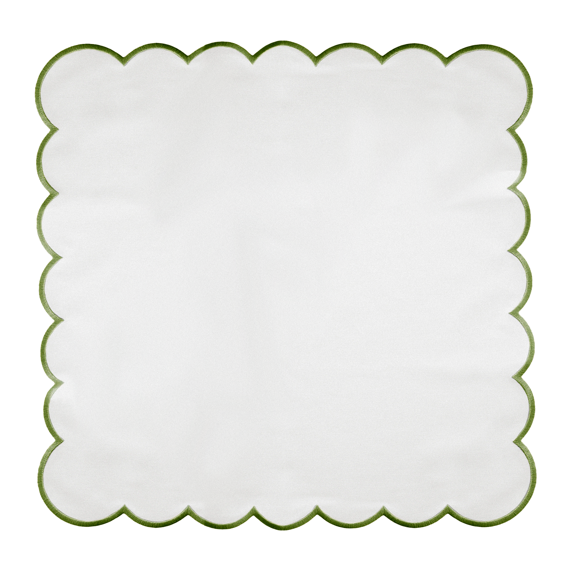 4 pc/pk Scalloped Edge Linen Napkin - White/Olive Green Trim laid flat