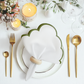 4 pc/pk Scalloped Edge Linen Napkin White/Olive Green Trim with napkin ring, charger plate, and candles
