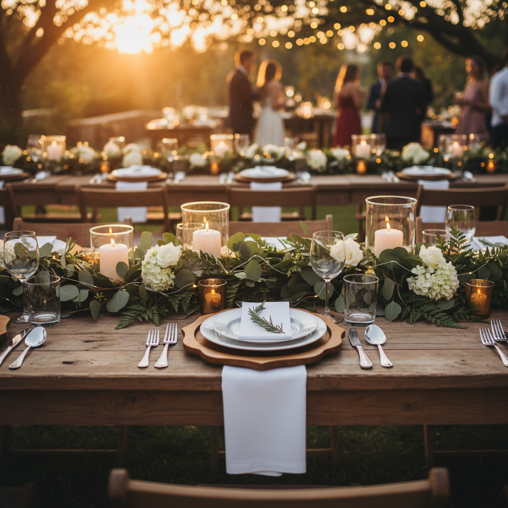 outdoor garden wedding with Scalloped Rustic Wood Charger Plate (4pc/pk)