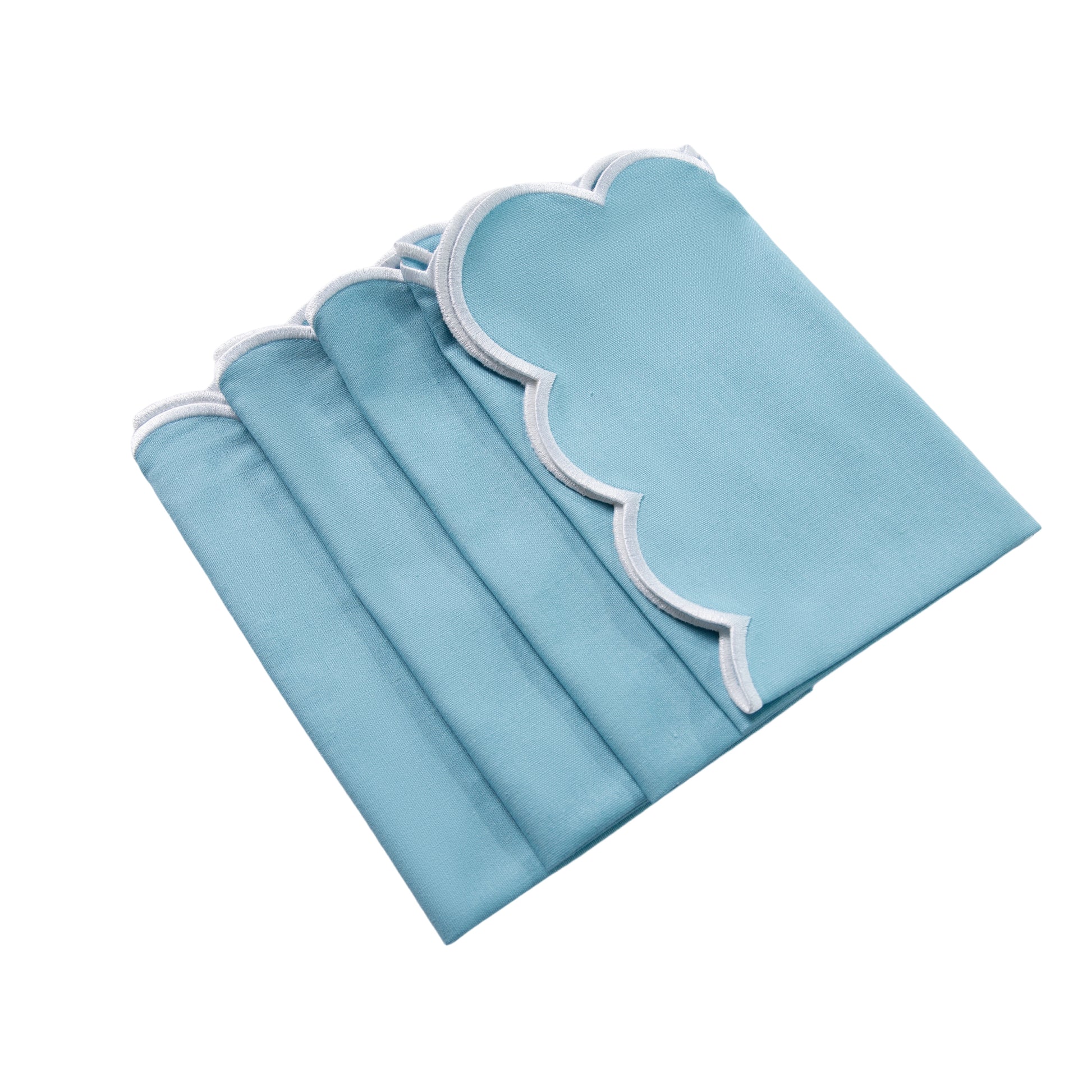 4 pc/pk Scalloped Edge Linen Napkin - Baby Blue/White Trim