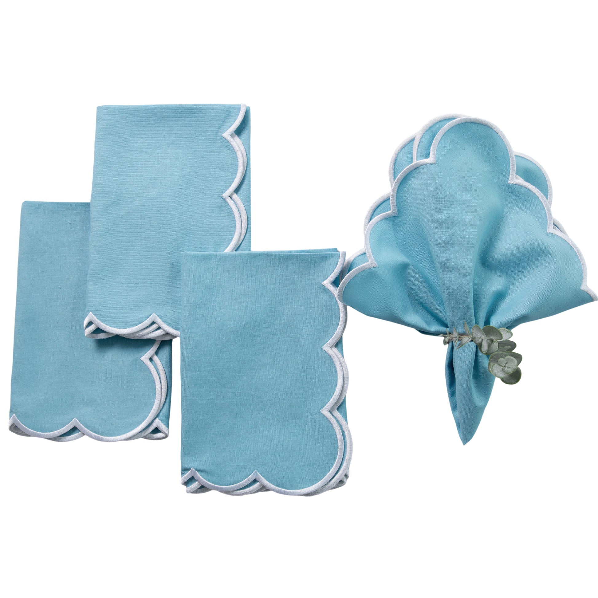 4 pc/pk Scalloped Edge Linen Napkin - Baby Blue/White Trim