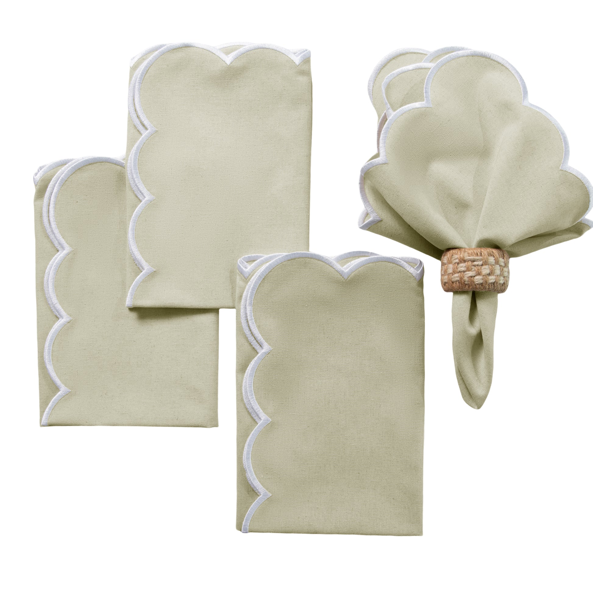 4 pc/pk Scalloped Edge Linen Napkin - Natural/White Trim