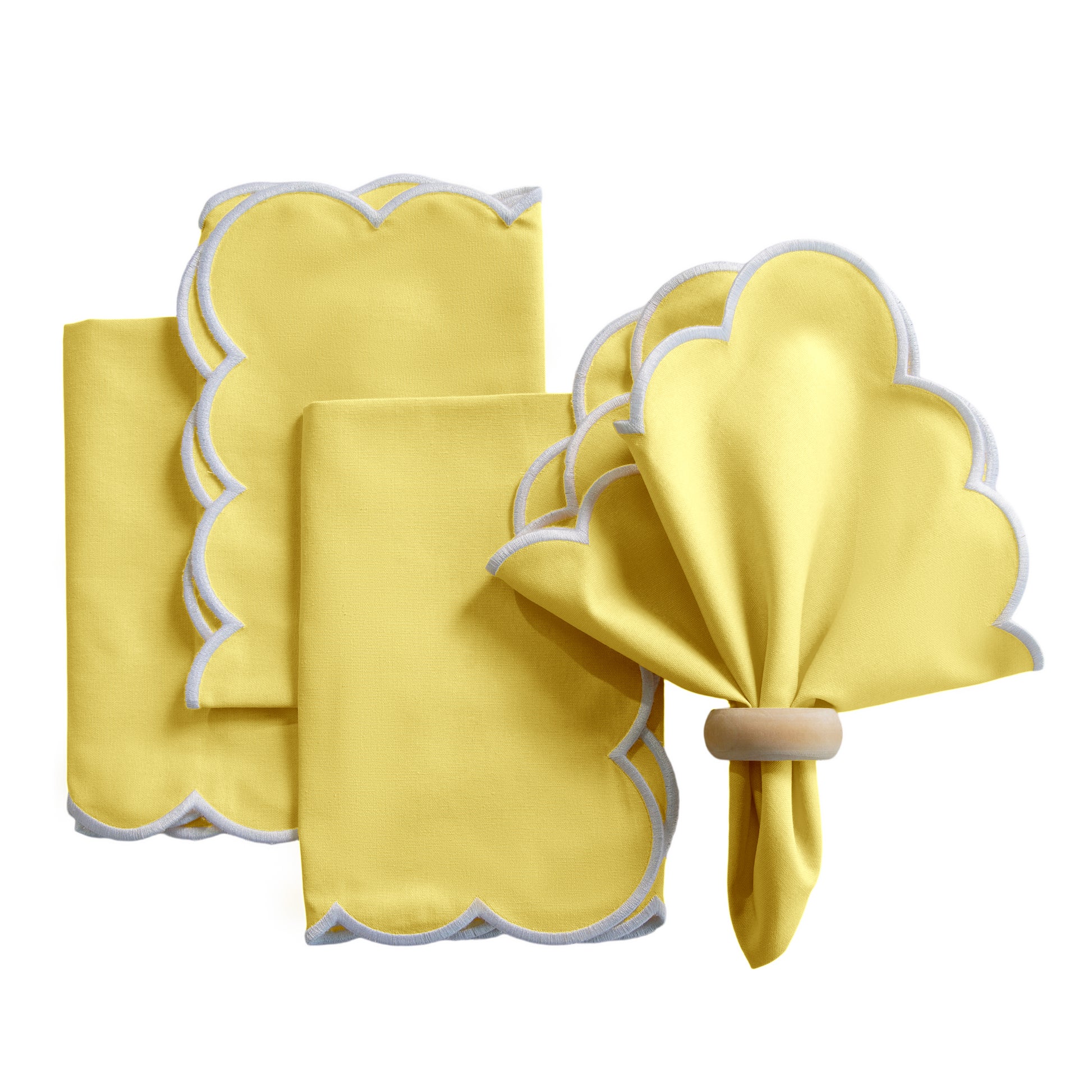 4 pc/pk Scalloped Edge Linen Napkin - Pastel Yellow/White Trim