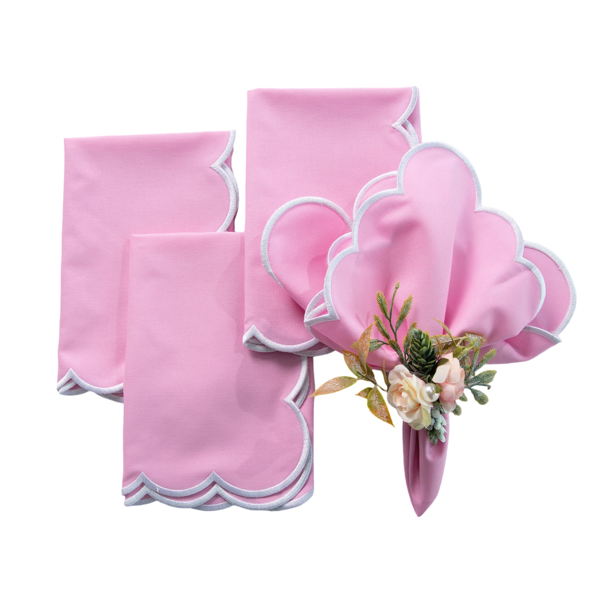4 pc/pk Scalloped Edge Linen Napkin - Pink/White Trim