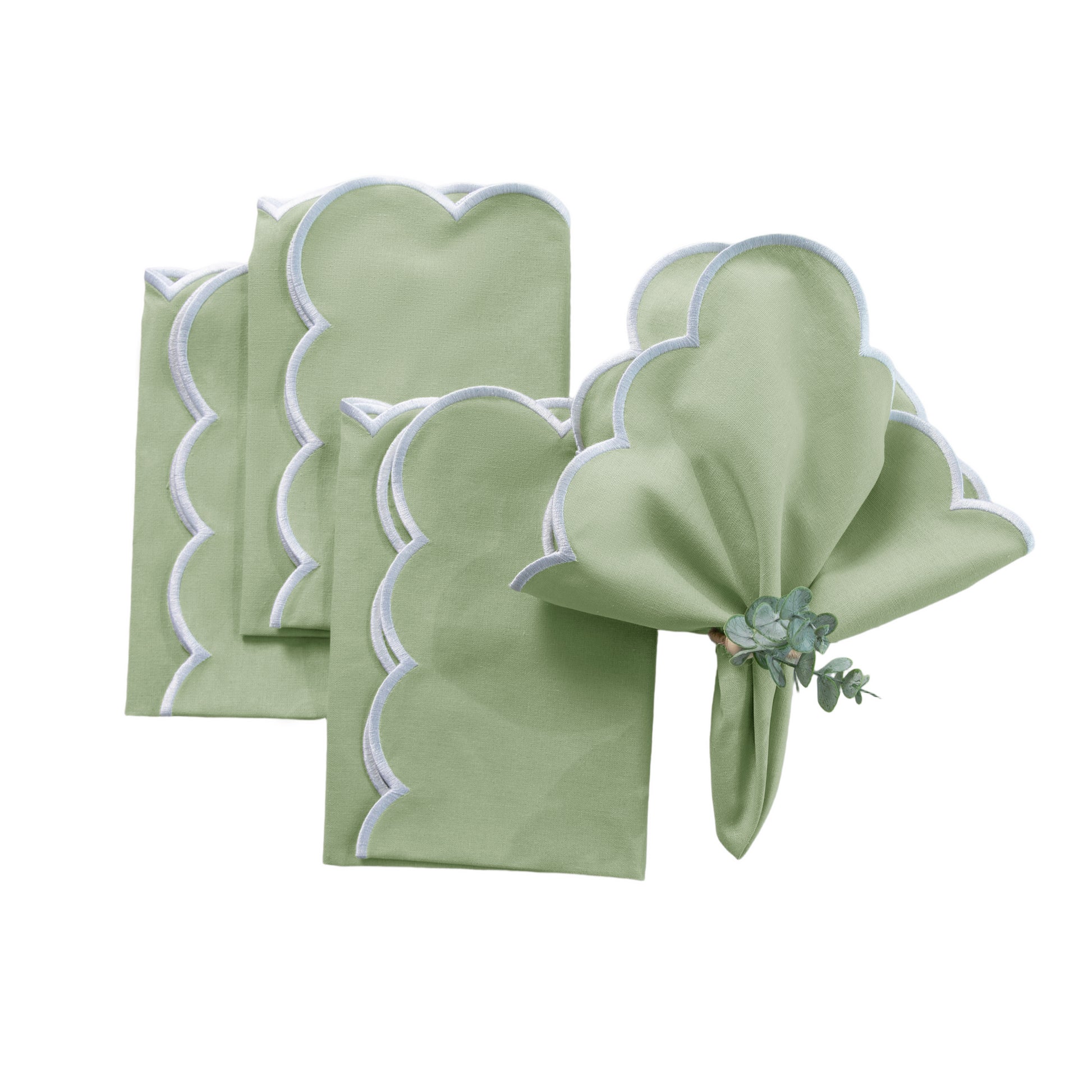 4 pc/pk Scalloped Edge Linen Napkin - Sage Green/White Trim