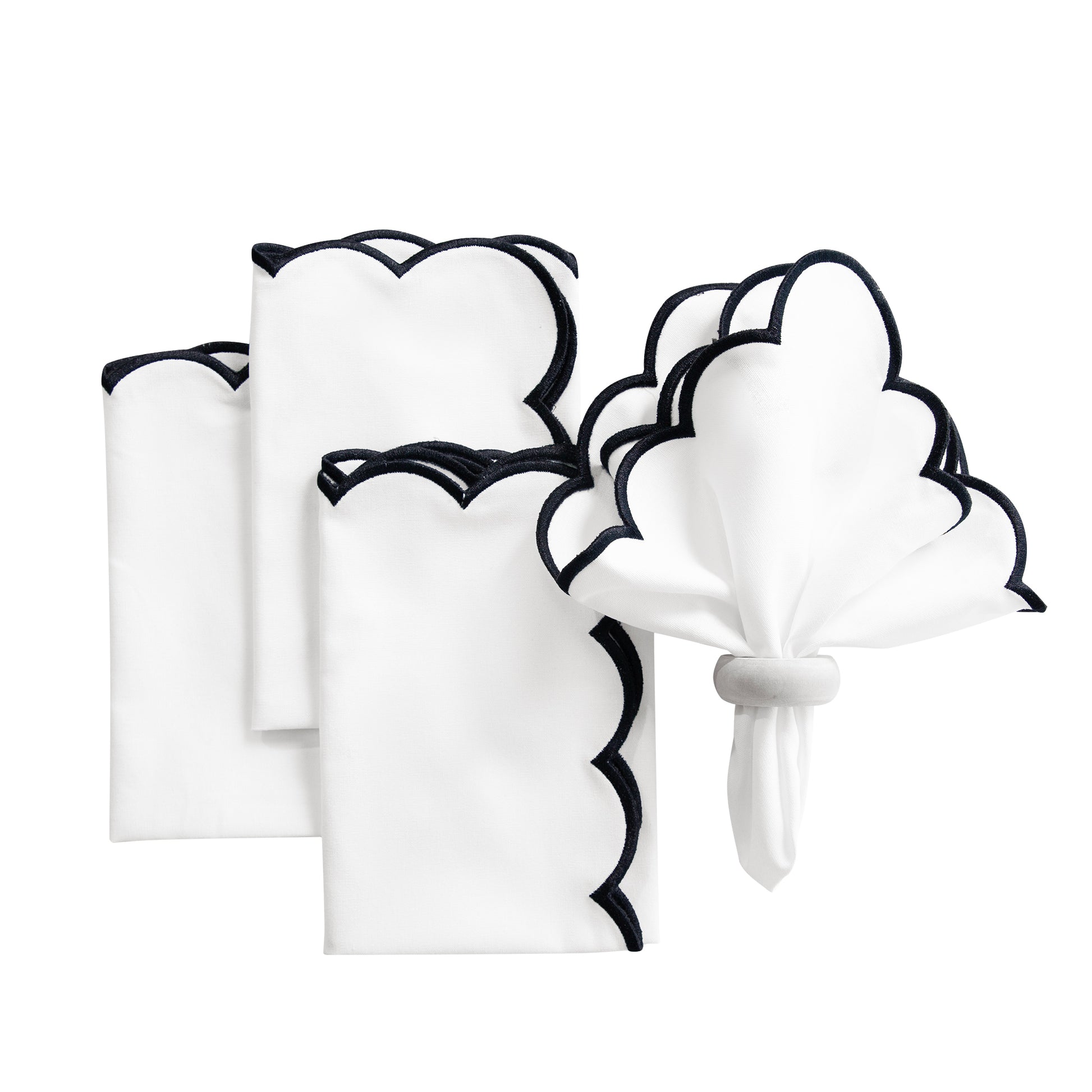 4 pc/pk Scalloped Edge Linen Napkin - White/Black Trim