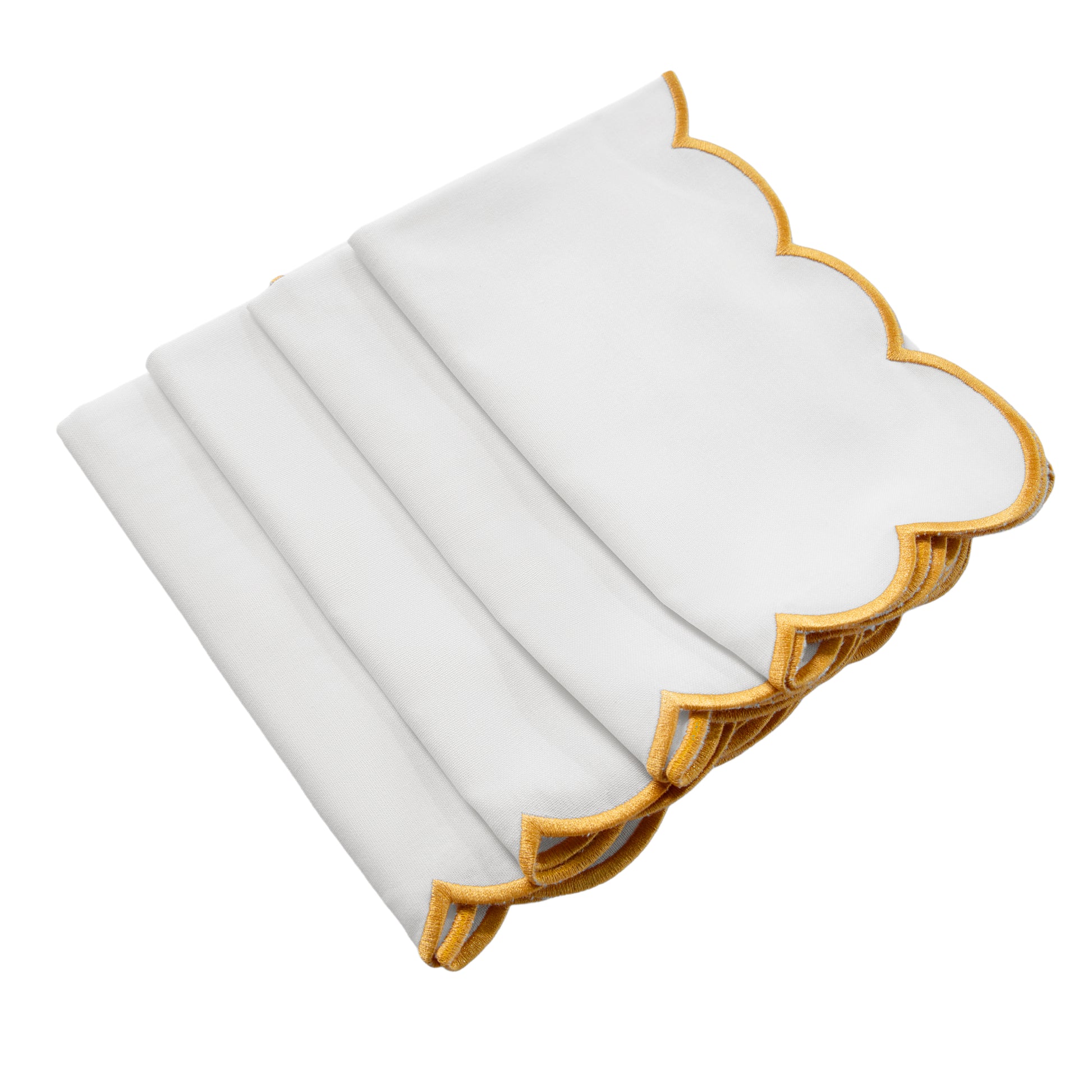 4 pc/pk Scalloped Edge Linen Napkin - White/Gold Trim