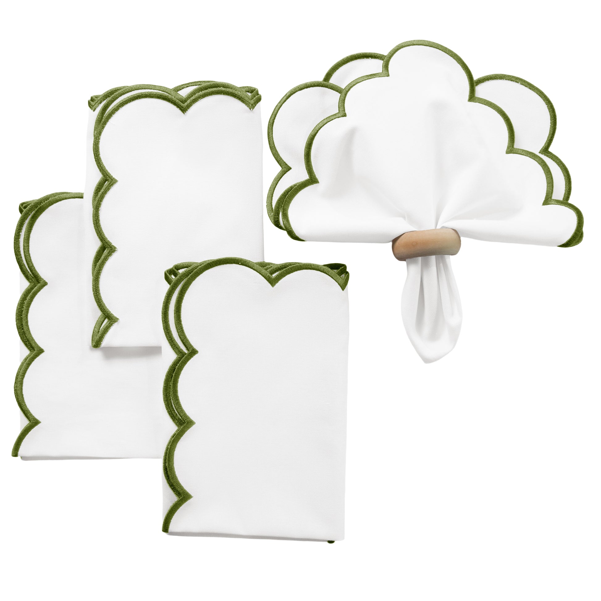 4 pc/pk Scalloped Edge Linen Napkin - White/Olive Green Trim