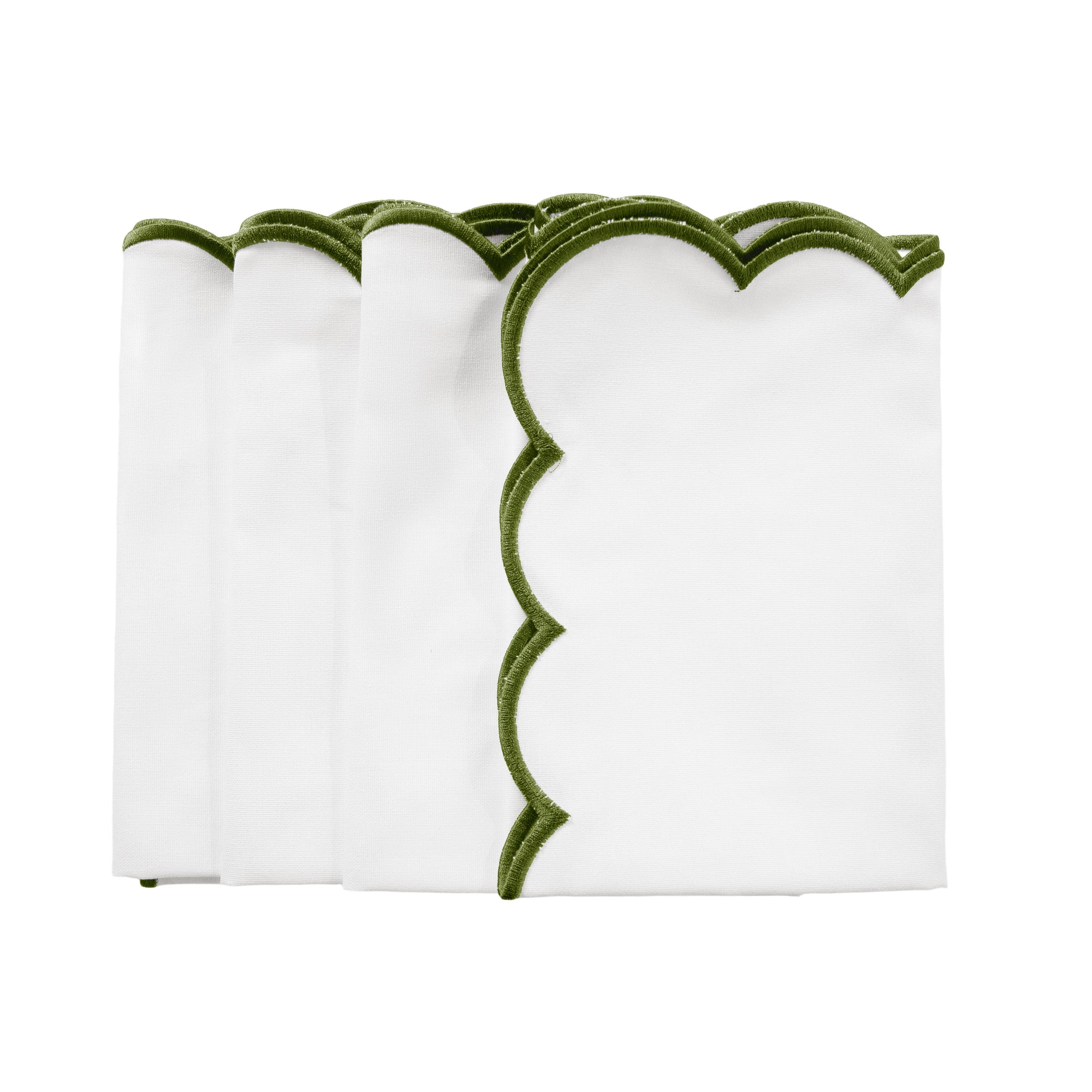 4 pc/pk Scalloped Edge Linen Napkin - White/Olive Green Trim