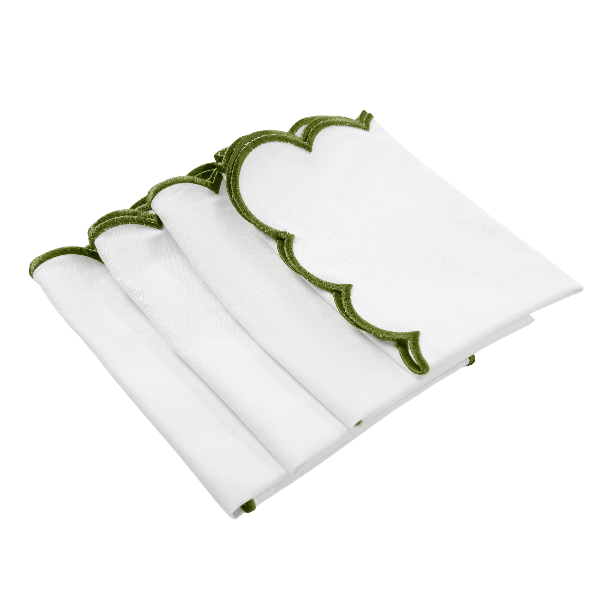 4 pc/pk Scalloped Edge Linen Napkin - White/Olive Green Trim