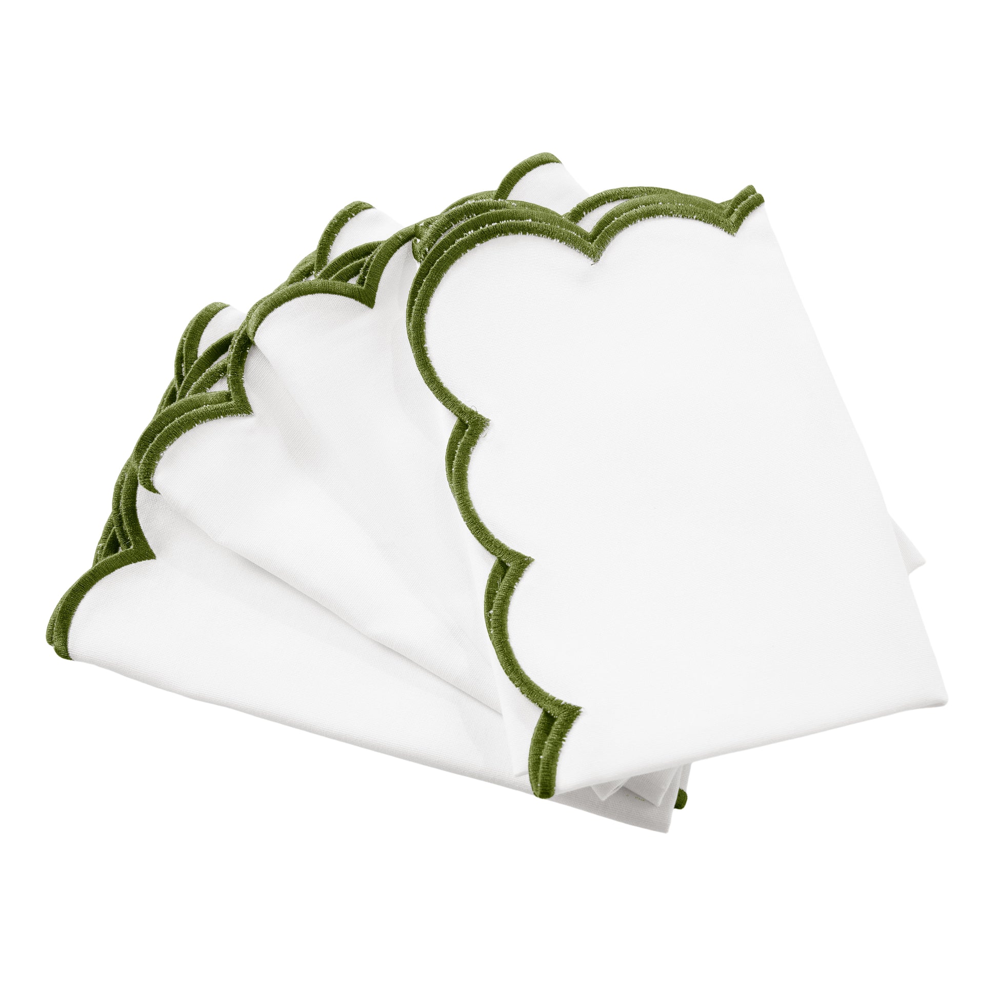 4 pc/pk Scalloped Edge Linen Napkin - White/Olive Green Trim