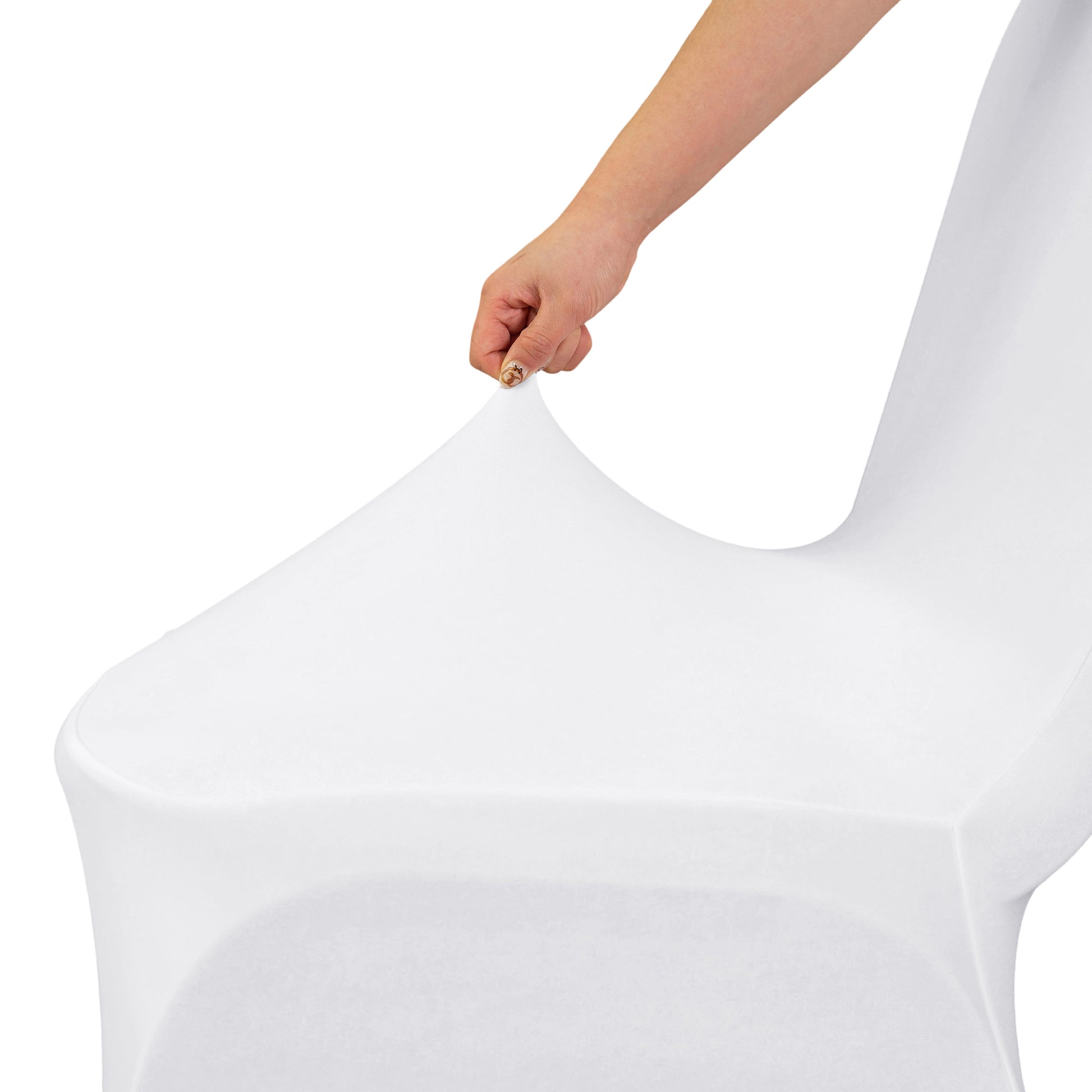 Scuba Banquet Chair Cover White showiing material stretching