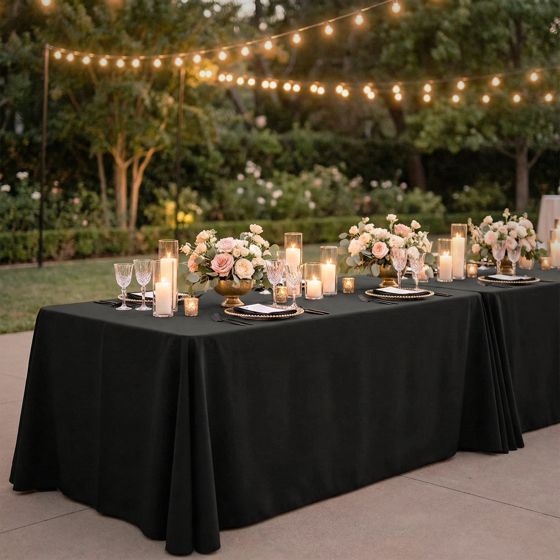 Scuba King 108"x156" Rectangular Tablecloth Black paired with pink and white florals, wine goblets, and pillar candles for an outdoor gathering