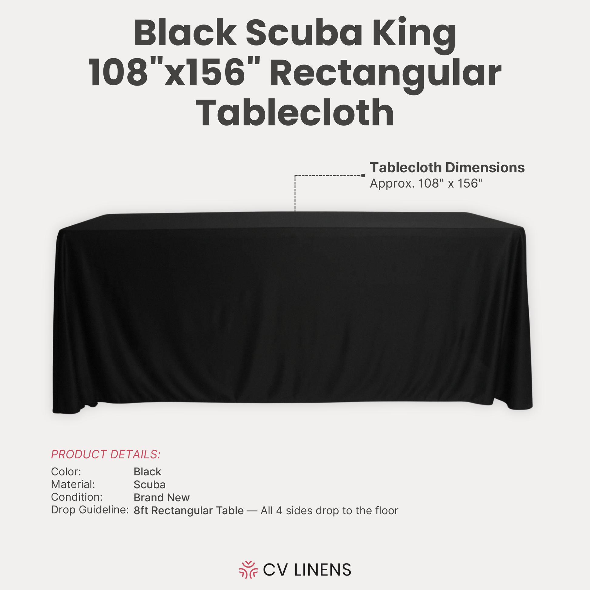 Scuba King 108"x156" Rectangular Tablecloth – Black infographic  showing dimensions