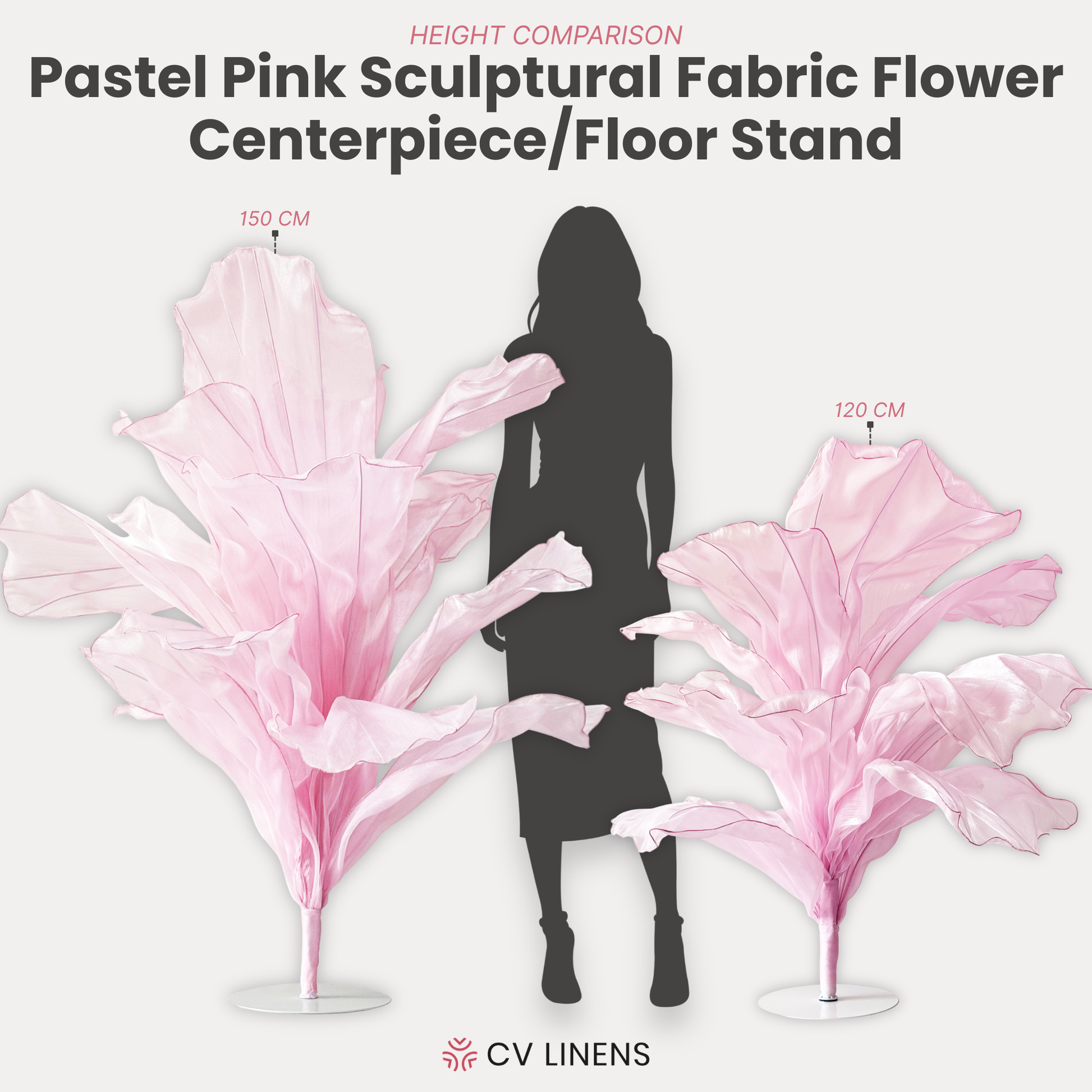 150cm Sculptural Fabric Flower Centerpiece/Floor Stand Pastel Pink infographic showing height comparison with the smaller 120cm Sculptural Fabric Flower Centerpiece/Floor Stand Pastel Pink 