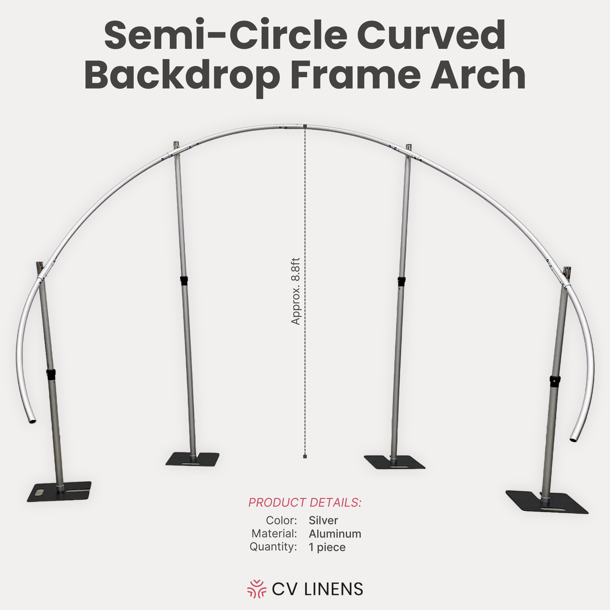 Semi-circle Curved Backdrop Frame Arch infographic showing 8.8ft heigth