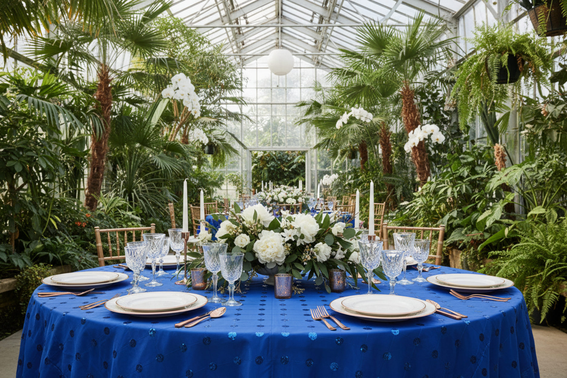 indoor greenhouse setup with Sequin Embroidery Taffeta 120" Round Tablecloth - Royal Blue