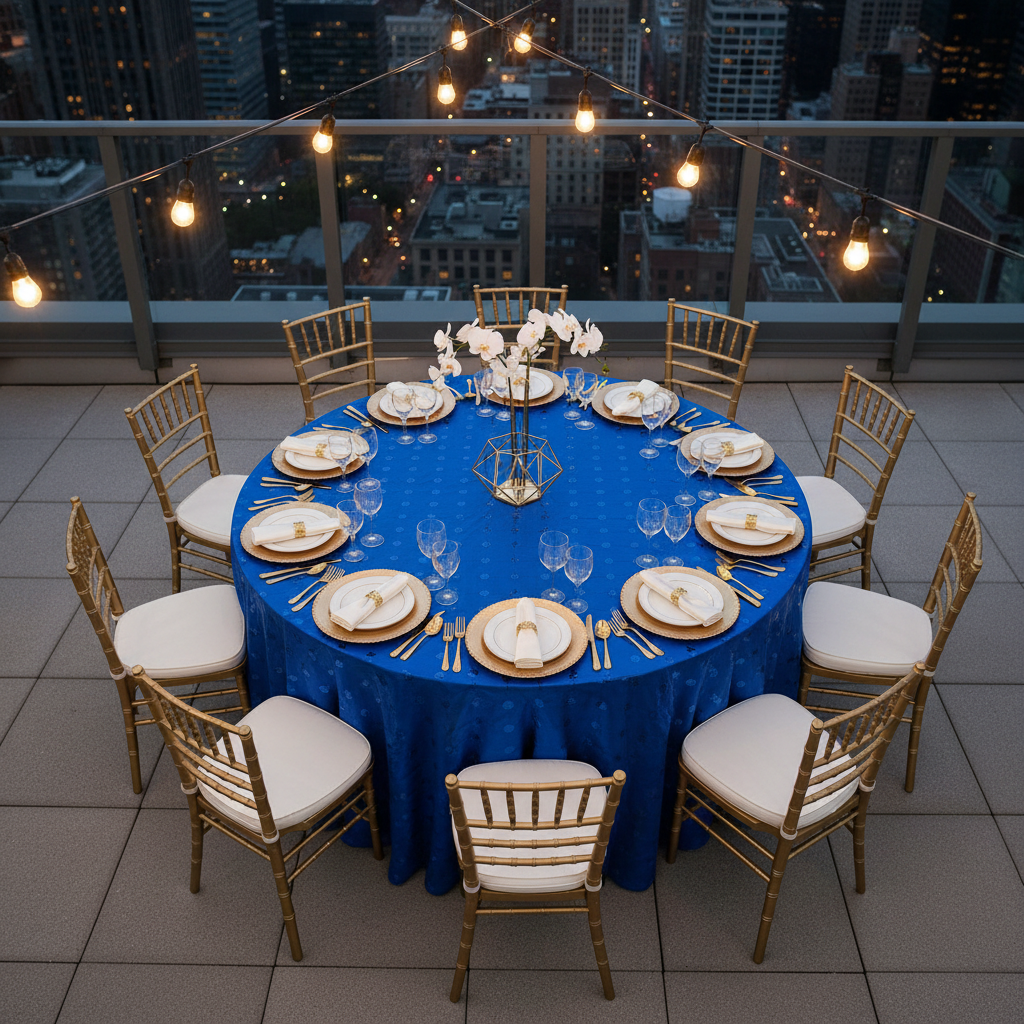 rooftop dinner setup with Sequin Embroidery Taffeta 120" Round Tablecloth - Royal Blue