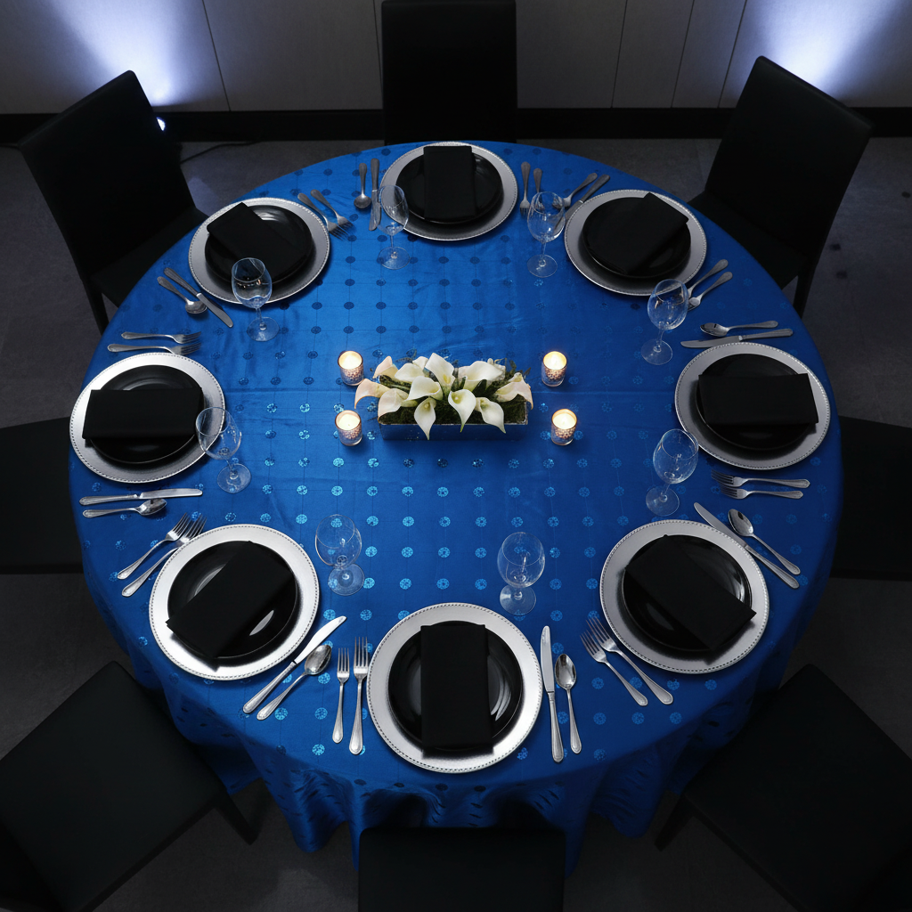 top view of Sequin Embroidery Taffeta 120" Round Tablecloth - Royal Blue