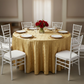 Sequin Embroidery Taffeta 132" Round Tablecloth - Gold | gold charger plate | white dinner plate | wine goblets |