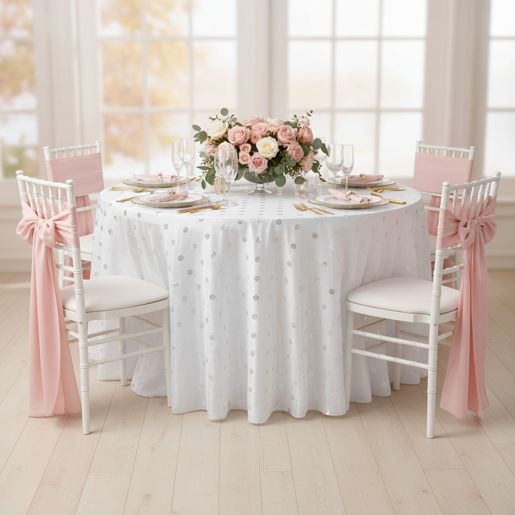 Sequin Embroidery Taffeta 132" Round Tablecloth - White | charger plate | napkin | dinner plate | wine goblet |
