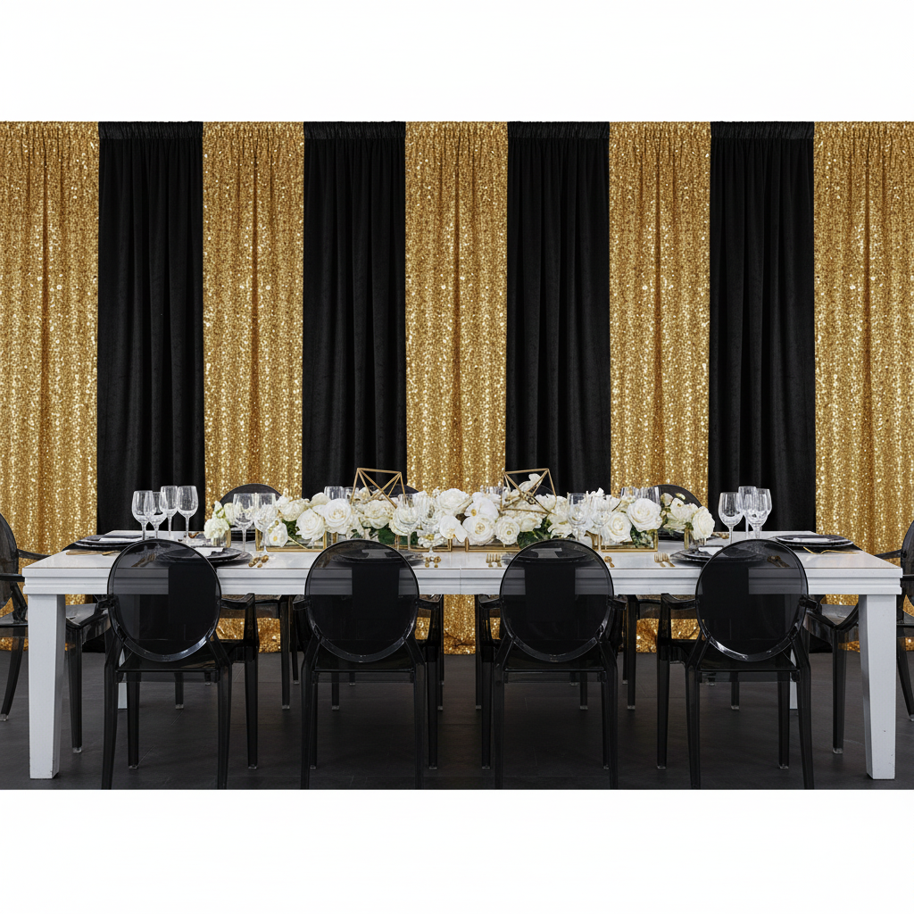 Sequin Velvet 10ft H x 52" W Drape/Backdrop Curtain Panel - Gold