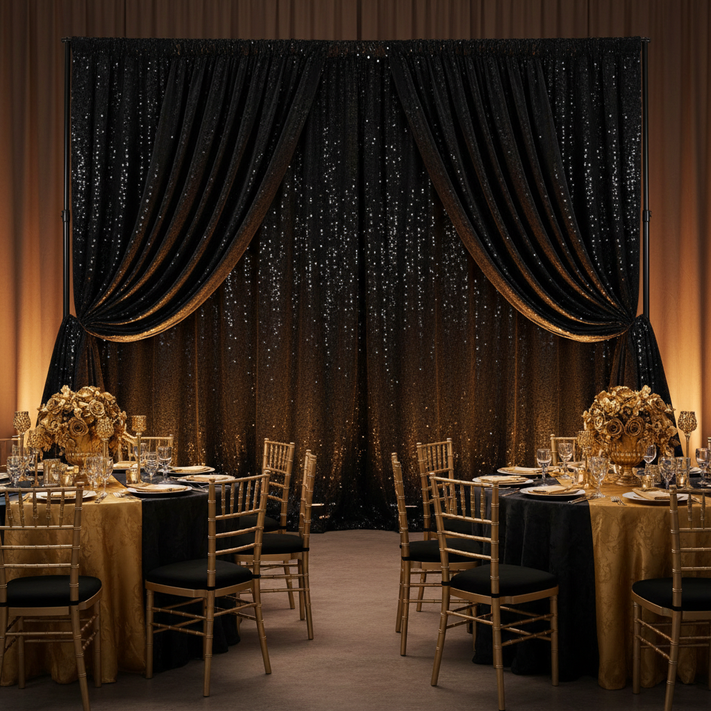 Sequin Velvet 10ft H x 52" W Drape/Backdrop Curtain Panel - Black