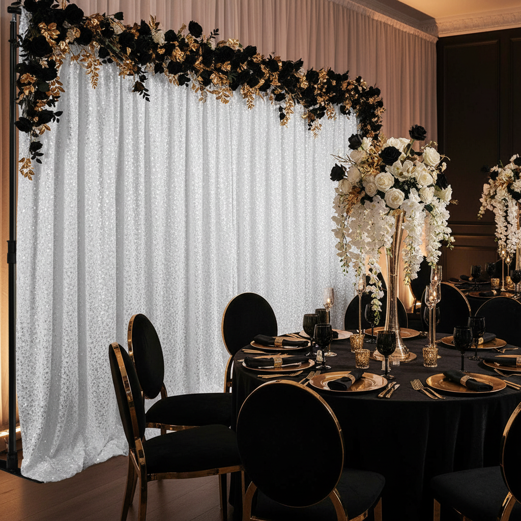 Sequin Velvet 10ft H x 52" W Drape/Backdrop Curtain Panel - White