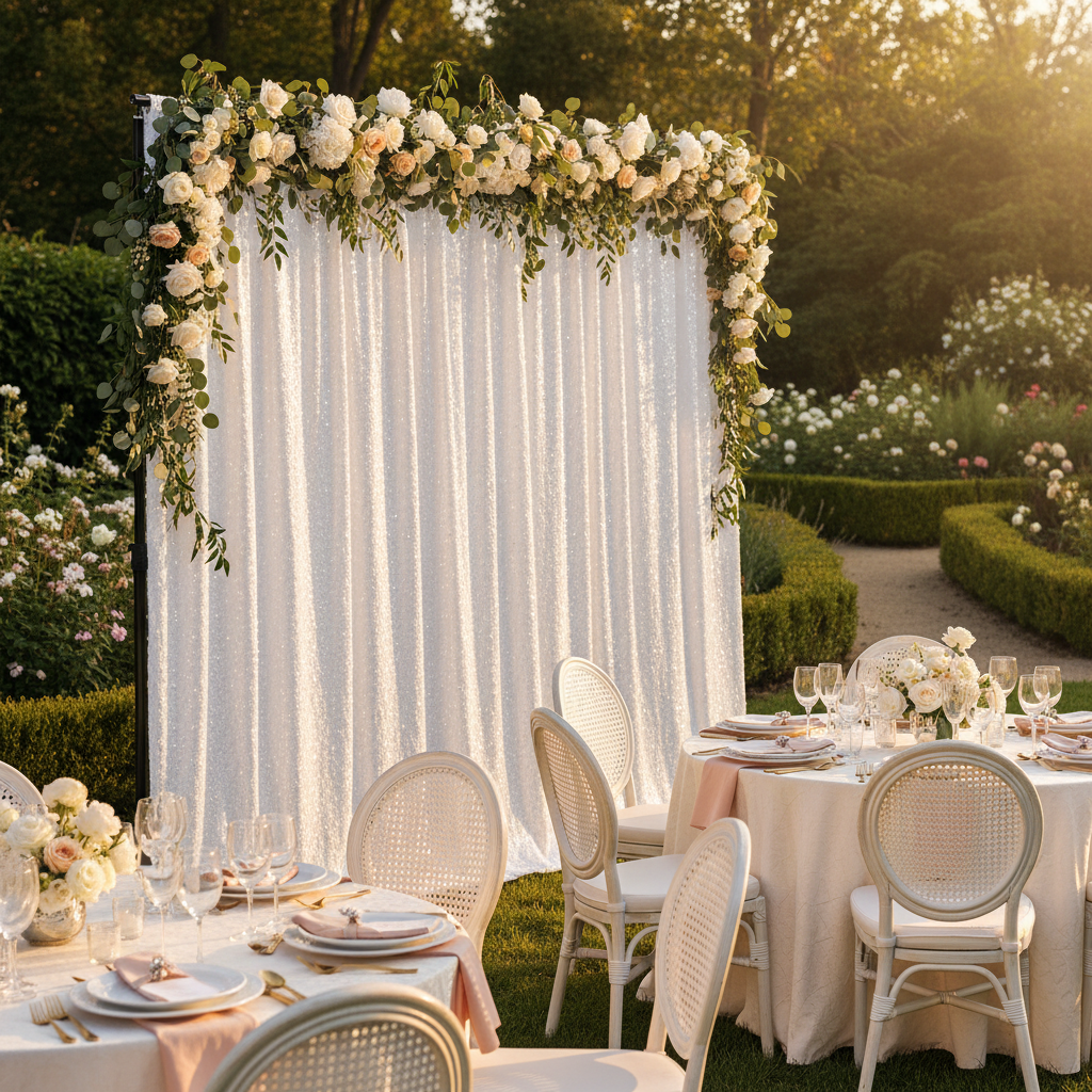Sequin Velvet 10ft H x 52" W Drape/Backdrop Curtain Panel - White