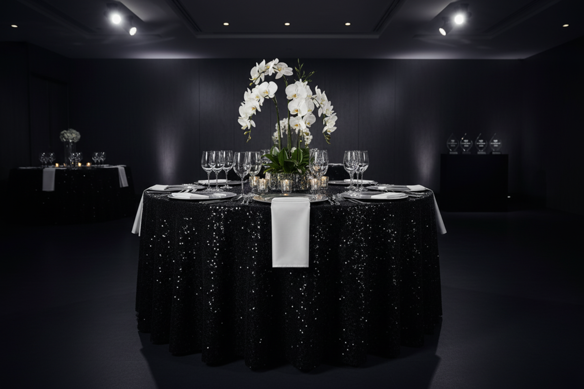 gala night with Sequin Velvet 120" Round Tablecloth - Black