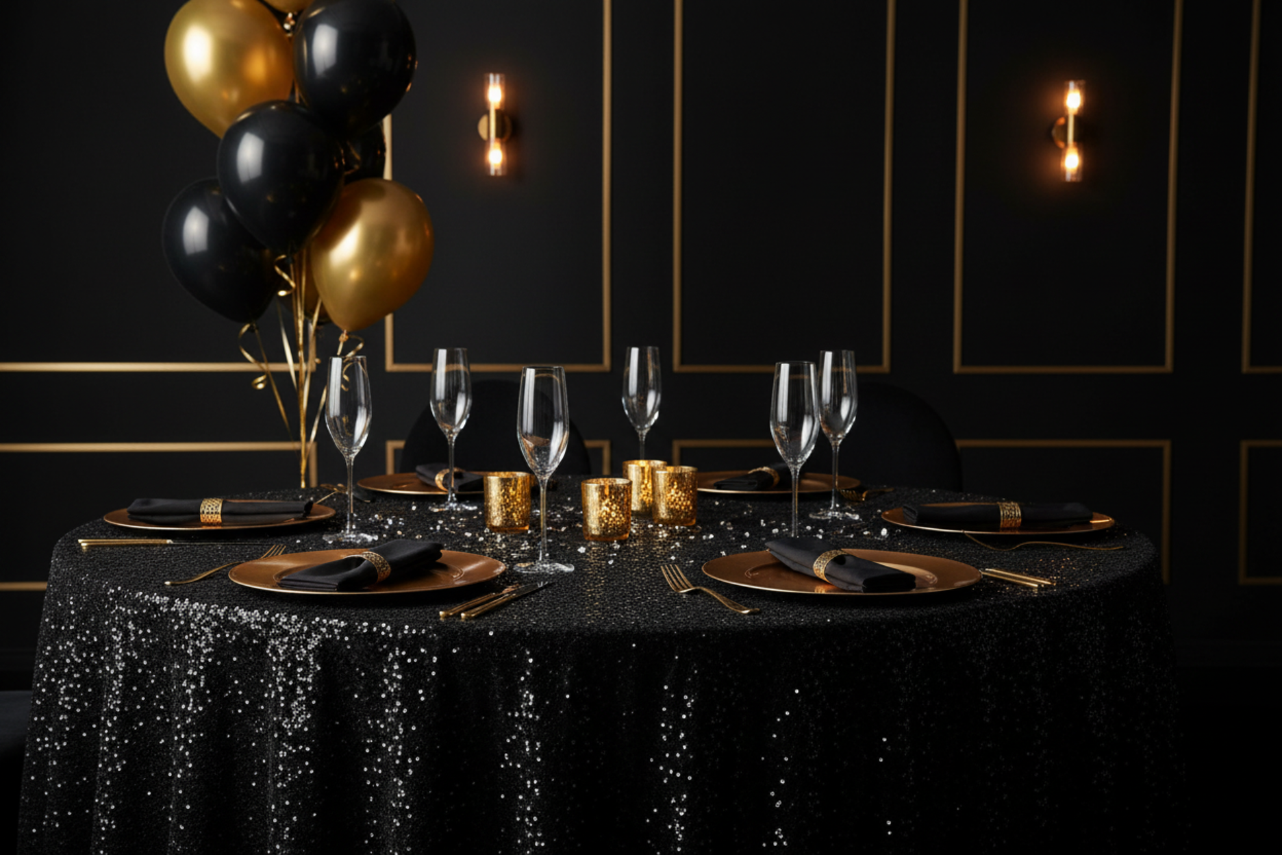 new year celebration with Sequin Velvet 120" Round Tablecloth - Black
