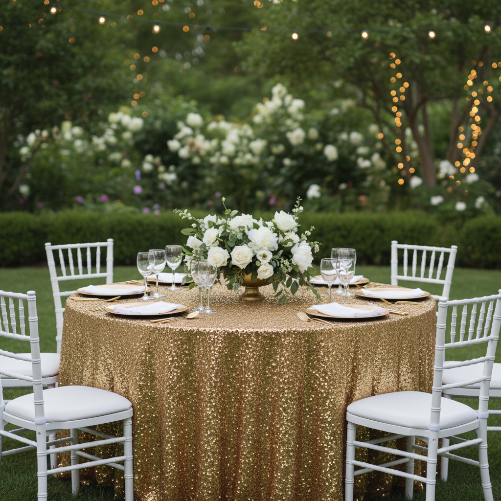 Sequin Velvet 120" Round Tablecloth - Gold