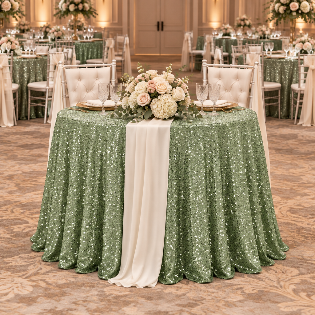 Sequin Velvet 120" Round Tablecloth - Sage Green