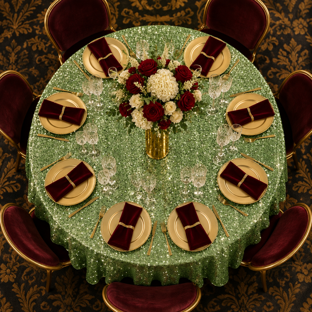 Sequin Velvet 120" Round Tablecloth - Sage Green