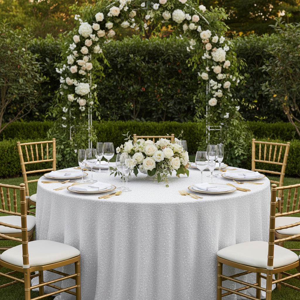 Sequin Velvet 120" Round Tablecloth - White