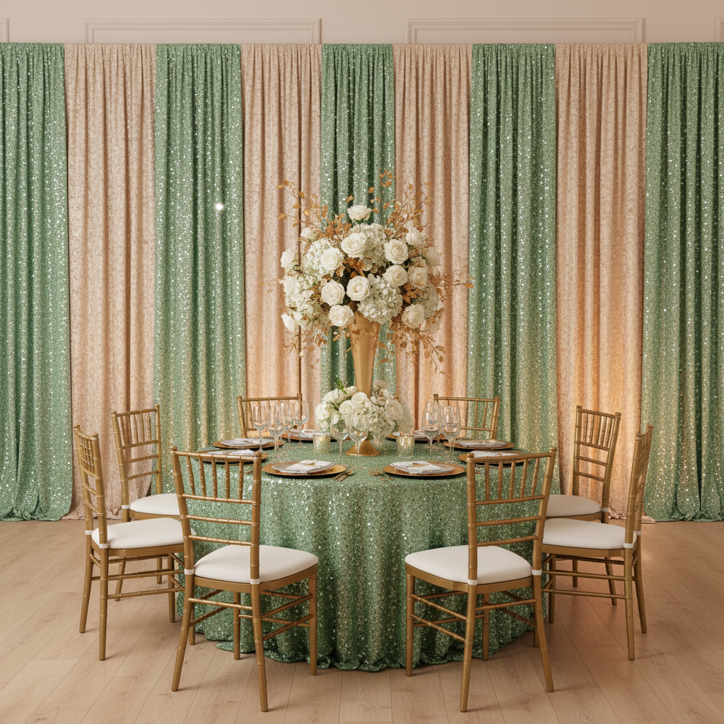 Sequin Velvet 12ft H x 52" W Drape/Backdrop Curtain Panel - Sage Green