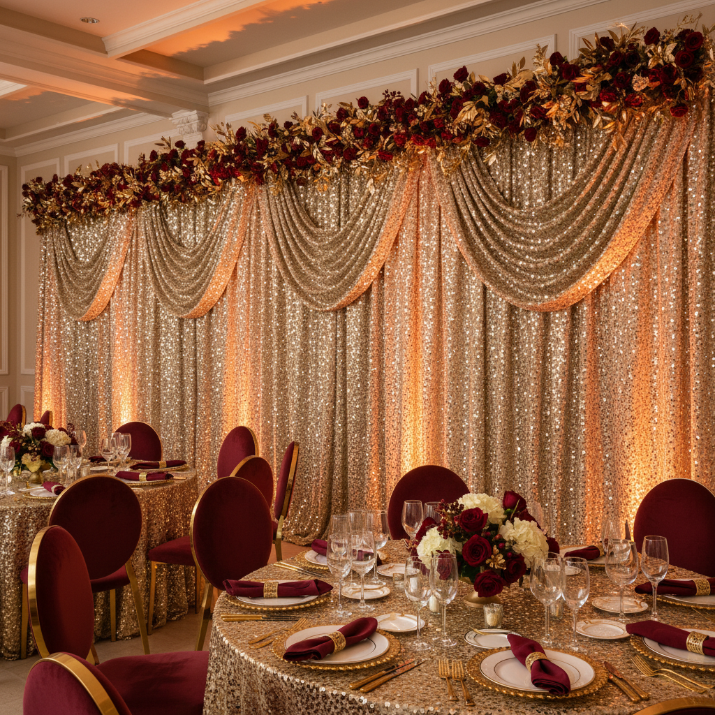 Sequin Velvet 12ft H x 52" W Drape/Backdrop Curtain Panel - Champagne