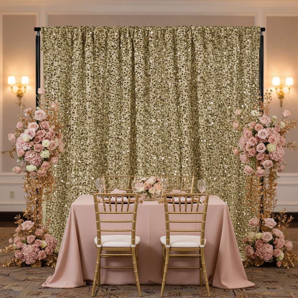 Sequin Velvet 12ft H x 52" W Drape/Backdrop Curtain Panel - Champagne