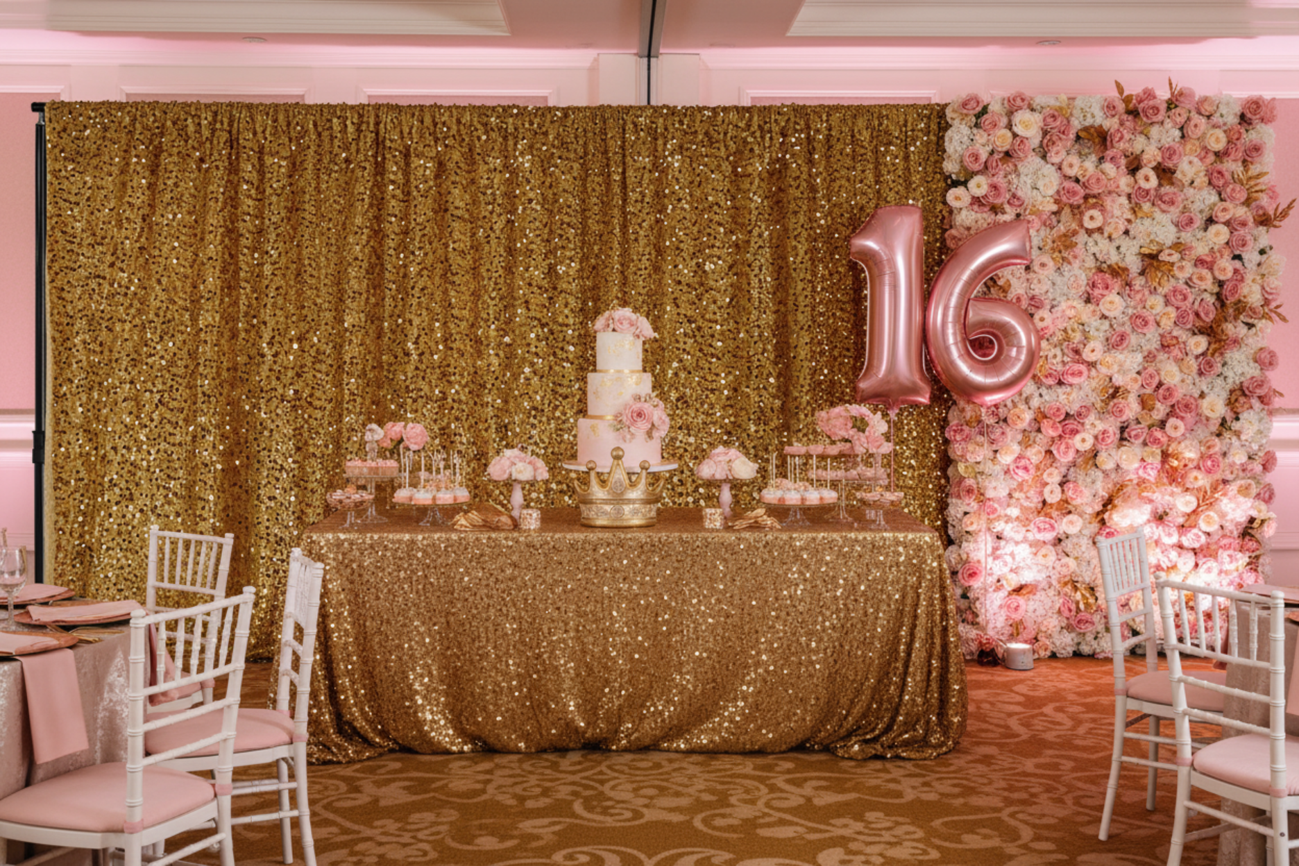 sweet 16 birthday celebration with Sequin Velvet 12ft H x 52