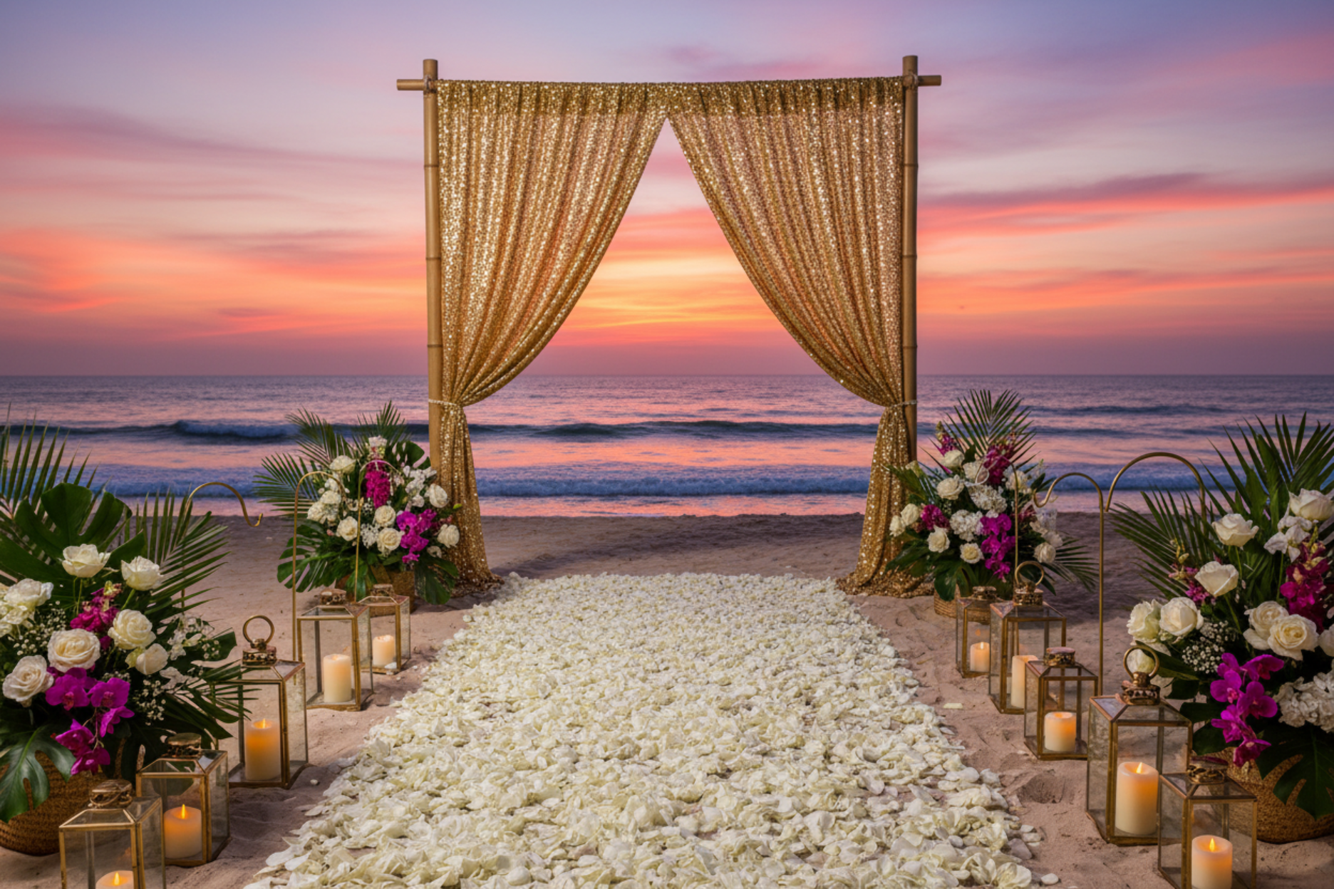 beachfront wedding reception with Sequin Velvet 12ft H x 52