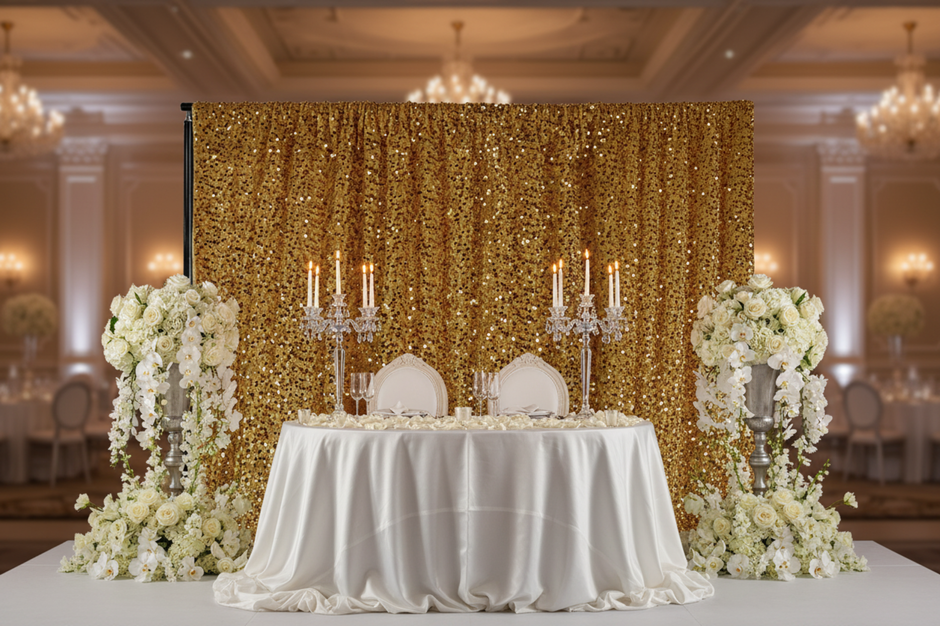 sweetheart wedding table with Sequin Velvet 12ft H x 52" W Drape/Backdrop Curtain Panel - Gold