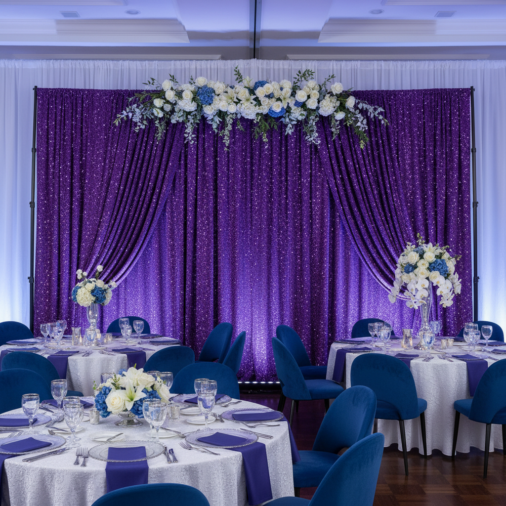 Sequin Velvet 12ft H x 52" W Drape/Backdrop Curtain Panel - Purple
