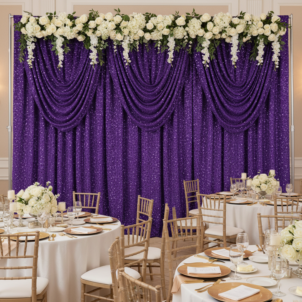 Sequin Velvet 12ft H x 52" W Drape/Backdrop Curtain Panel - Purple