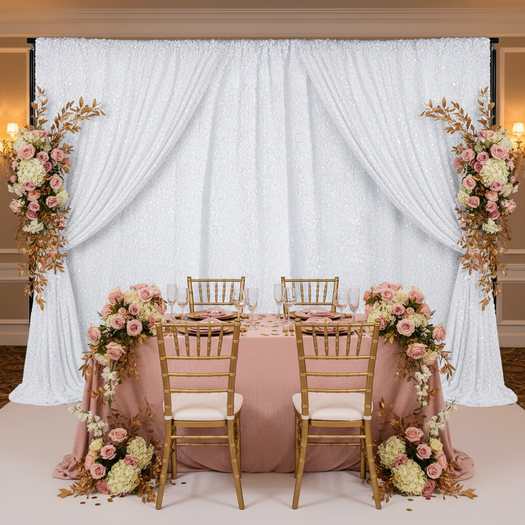 Sequin Velvet 12ft H x 52" W Drape/Backdrop Curtain Panel - White