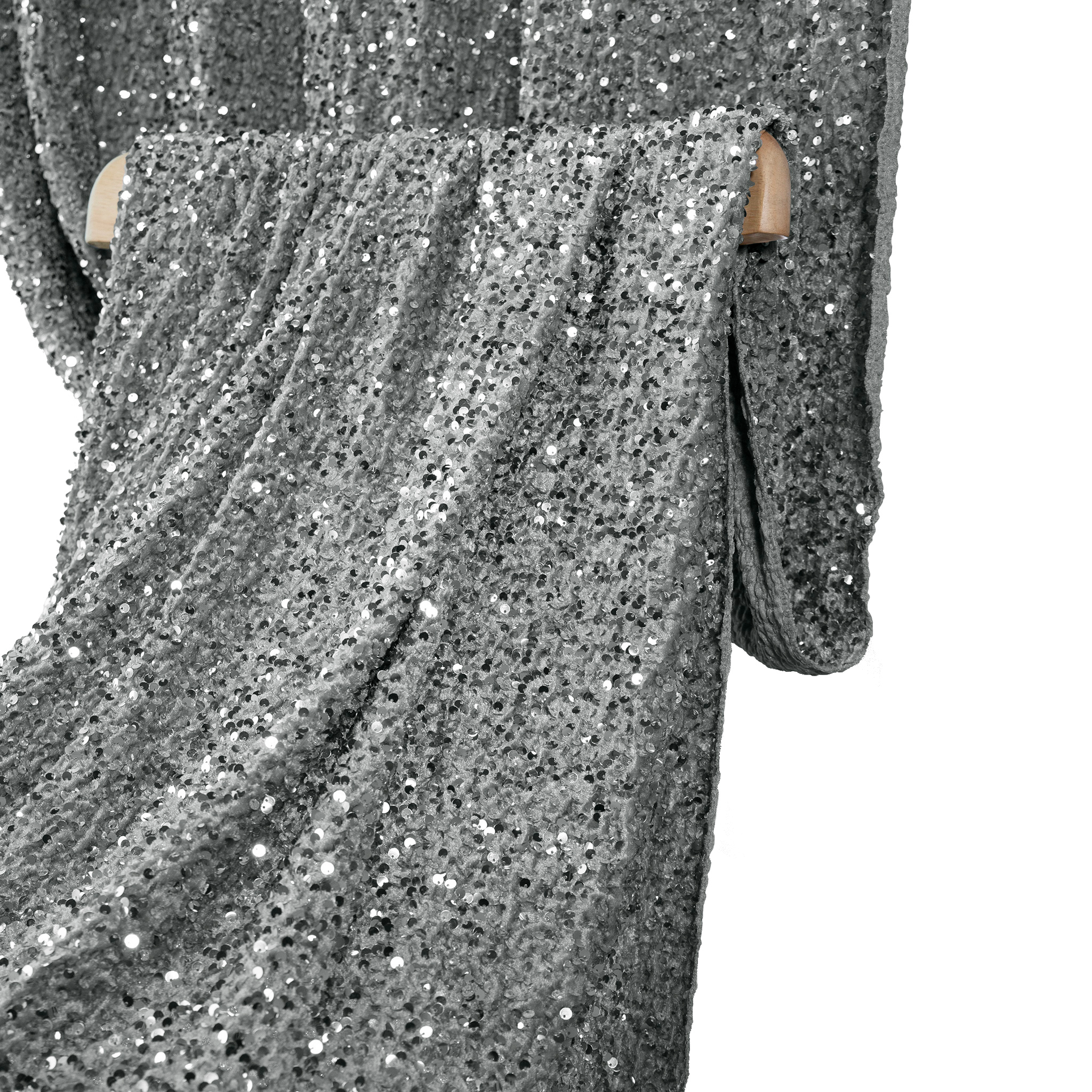 Sequin Velvet Drape Silver draped over a chair