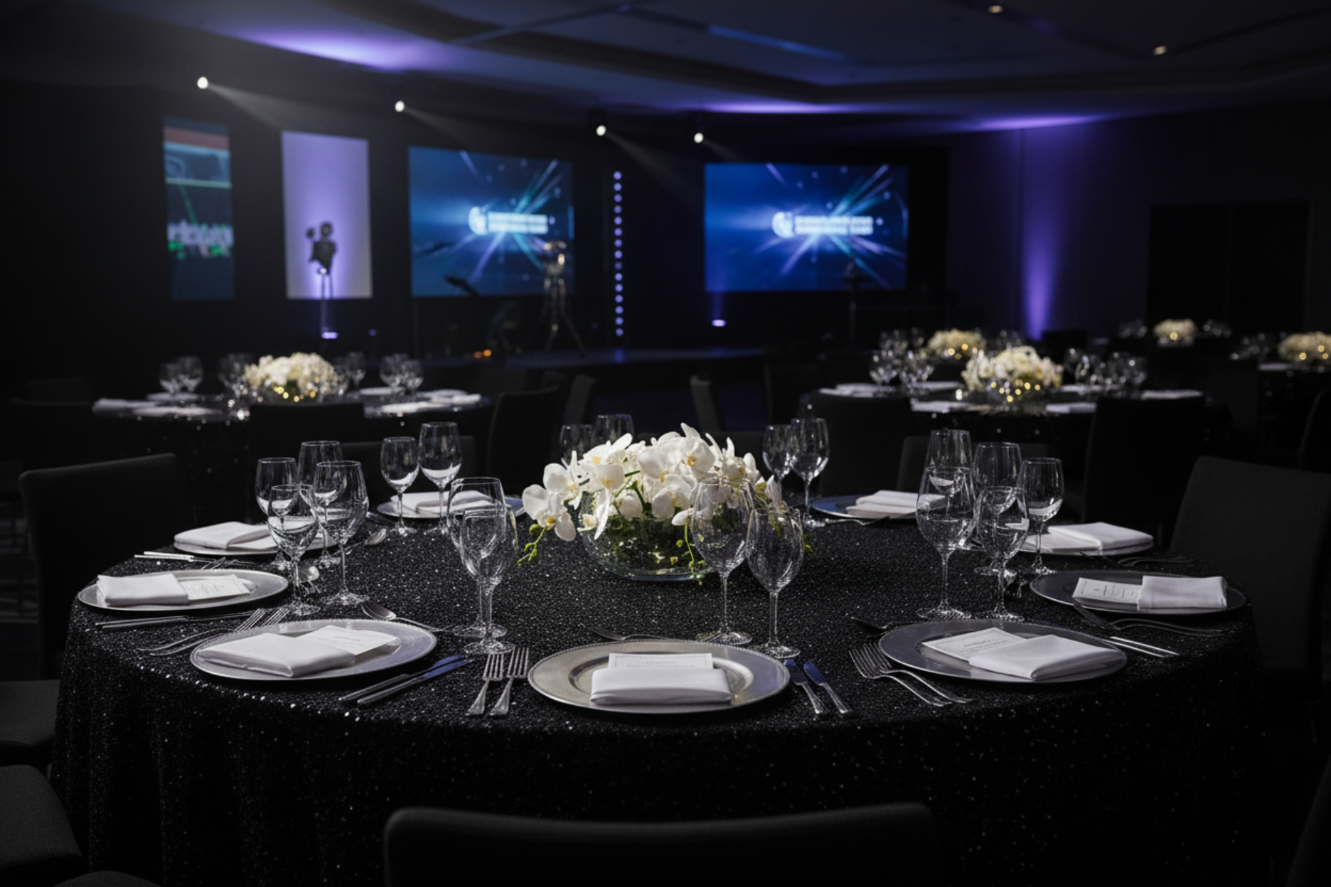 corporate party with Sequin Velvet 132" Round Tablecloth - Black