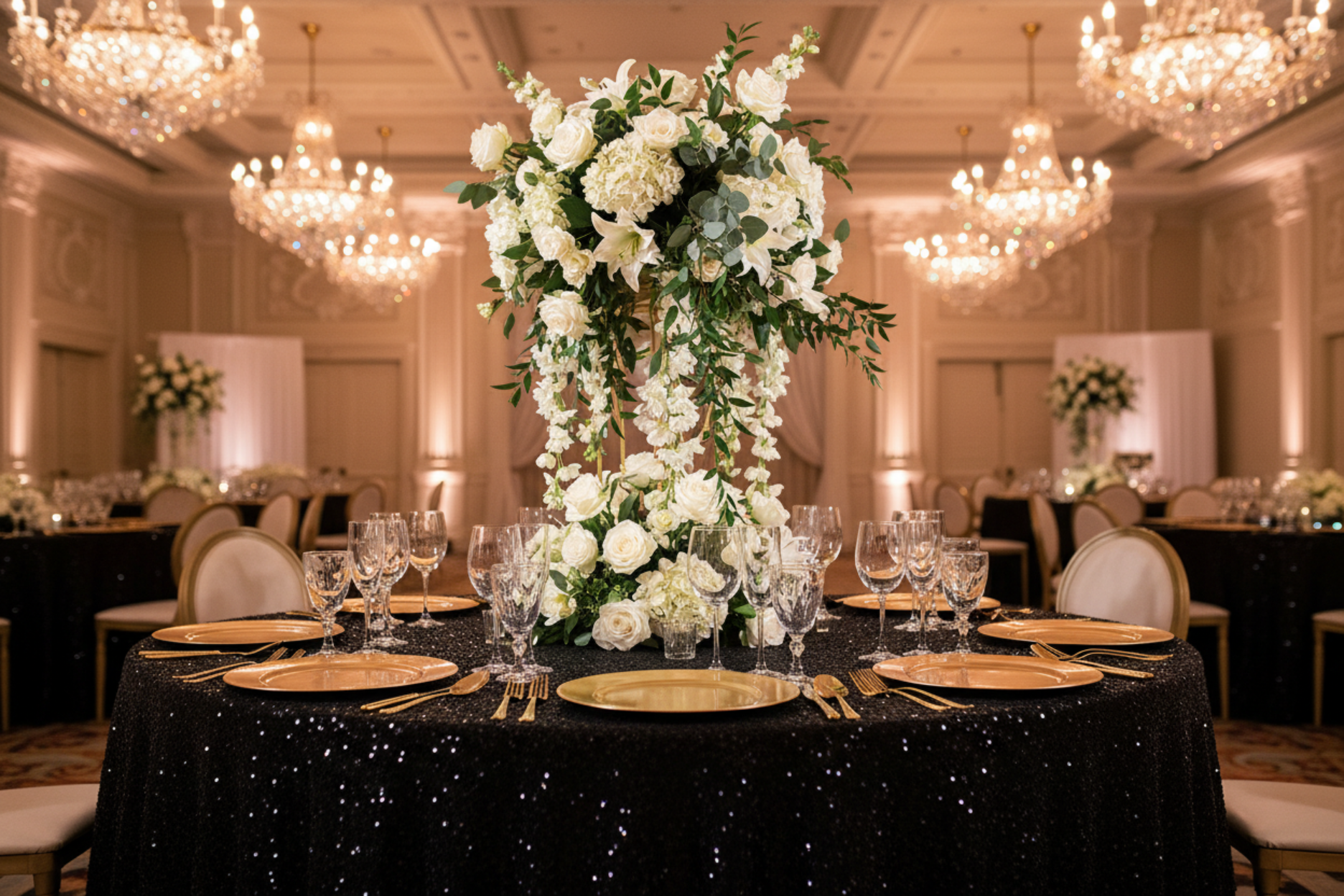 wedding reception with Sequin Velvet 132" Round Tablecloth - Black